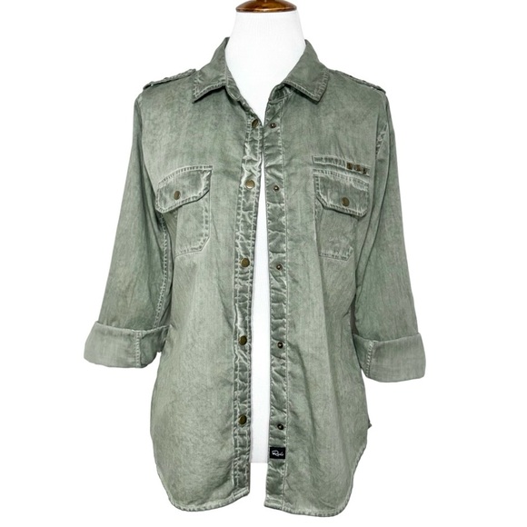 Rails Tops - Rails Studded Distressed Green Snap Button Long Sleeve Utility Shacket Shirt